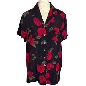 Amanda Smith Petites Silk Blouse Rose Button Front Collared Red Black PS
